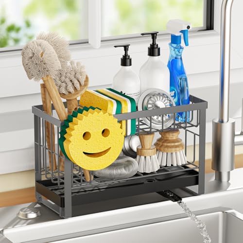 Sponge Holder for Kitchen Sink with Flexible Smiley Face, 2 Tier Kitchen Sink Organizer, Countertop and Storage Essentials, Soap Dispenser Organizer, Home Decor Accessories - Gray by Taugast