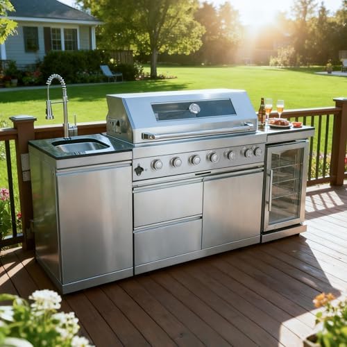 82-Inch 6-Burner Propane Gas Outdoor Grill Island, 85000 BTU Stainless Steel BBQ with Refrigerator, Granite Countertops, For Backyard BBQ, Silver by Dvasovio