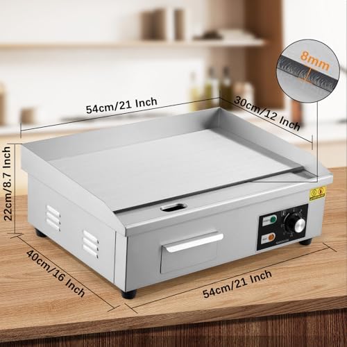 Commercial Electric Griddle 21 Inch, 110V 1600W Stainless Steel Flat Top Grill with Adjustable Temp Control 122°F-572°F, Includes Spatula & Scraper for Restaurant, Home, Outdoor Use - Image 6