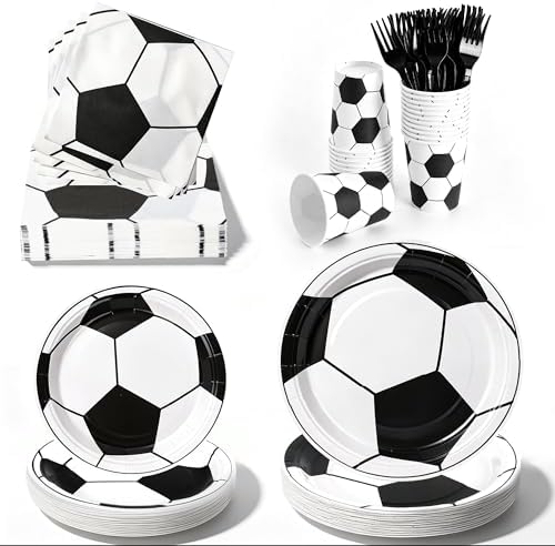 144 Pcs Soccer Tableware Set for 24 Guests, Heavy-Duty 7" & 9" Paper Plates, Cups, 2-Ply 13" Napkins & Plastic Forks, Disposable Party Supplies for Game Day and Birthday by COSINIA
