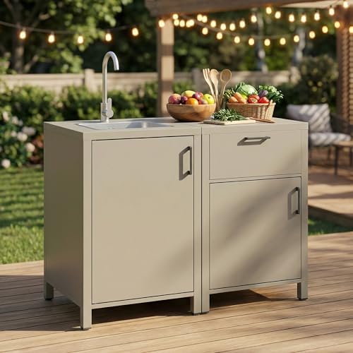 Wisteria Lane Outdoor Storage Cabinet with Stainless Steel Sink, Aluminum Modular Outdoor Kitchen, All Weather Kitchen Island with Storage and Drawers for BBQ, Porch, Backyard by WisteriaLane