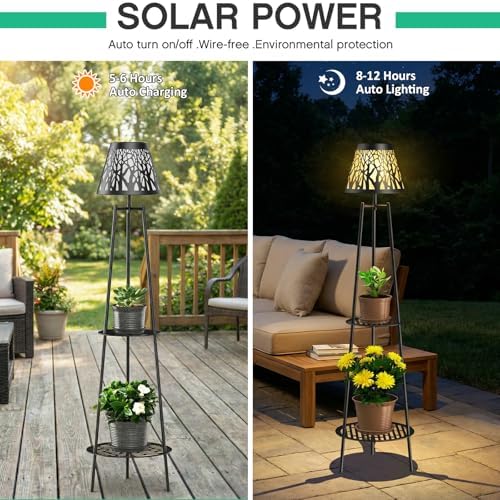 2 Pack Solar Floor Lamps Outdoor with 2-Tier Plant Stand, Metal Tall Planter Holder with Waterproof LED Lantern, Decorative Patio Light & Flower Pot Display Rack for Garden, Deck, Porch, Balcony - Image 2