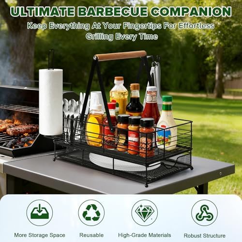 Grill Caddy, BBQ Caddy with Paper Towel Holder, Griddle Organizer, Plate and Utensil Holder Organizer for Outdoor Grill, Picnic, Camping, Condiment Storage for Kitchen Counter - Image 3