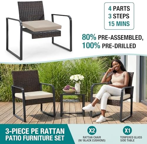 Bezseller 3-Piece Patio Furniture Set, Wicker Bistro Set, Brown - Image 4