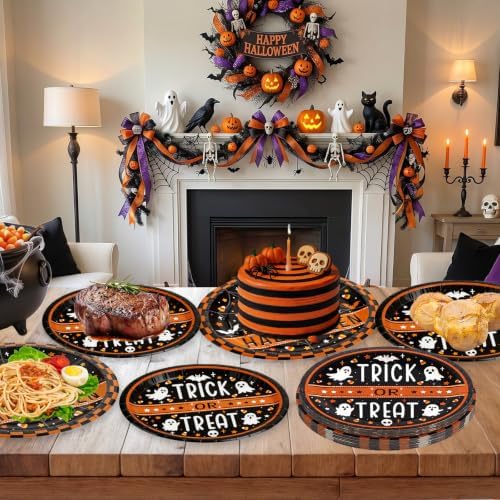 50 Pcs Halloween Paper Plates Set - Large Disposable Ghost Oval Dinner Dessert Plates, Cute Halloween Printed Paper Plates Tableware for Happy Halloween Party Decorations Supplies Table Decor - Image 2