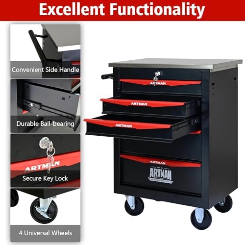 5-Drawer Heavy-Duty Rolling Steel Tool Cart with Handle&Wheels, Metal Storage Organizer Cabinet, Tool Chest for Efficient Tool Storage in Garage, Warehouse, Workshop, Repair Shop, Black&RED - Image 5