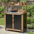 Outdoor Storage Cabinet with 4 Wheels and Handle, Metal & Wood Potting Bench Storage Cabinets with Waterproof Top, Removable Shelf, Potting Table & Workstation for Garden, Patio, Balcony, Garage by MAGAZOOPET