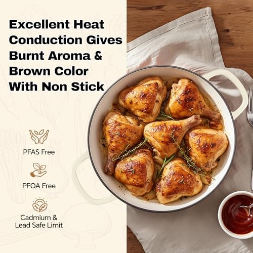 3 Quart Enameled Cast Iron Braiser, Non Stick Enameled Cast Iron Skillet with Lid, Dutch Oven Skillet with lid up to 500°F for Oven, Stove, Grill, Shallow Dutch Oven for Cook, Bake (Beige) - Image 2