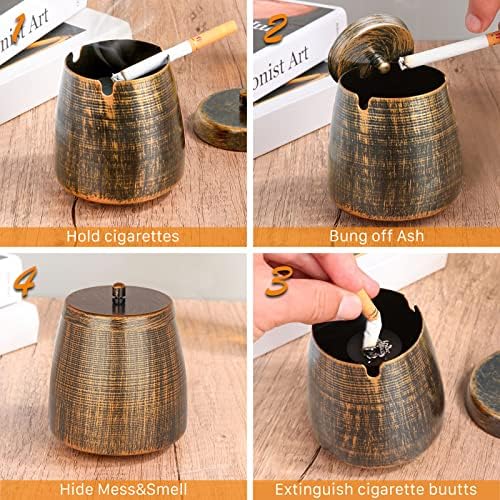 Outdoor Ashtray with Lid,Smokeless Ashtray for Cigarettes Cigars Outdoors Indoors,Rainproof Odorless Retro Metal Ash tray for Patio Home Indoors Outside Table Decor (Copper,X-Large) - Image 5