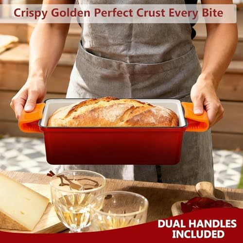 Wildone 2 in 1 Enameled Cast Iron Bread Pan with Lid, 9x5 Loaf Pans for Homemade Sourdough Bread, Cake, Meatloaf, Even Heating Bread Dutch Oven, Red - Image 6