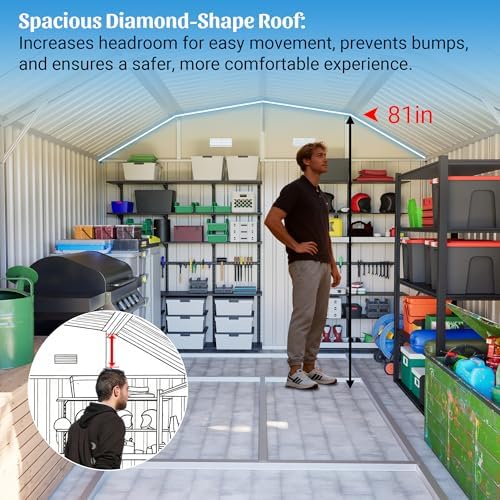 YOPTO 10x12 FT Outdoor Storage Shed,Heavy Duty Metal Shed W/Floor Frame & 2 Windows,Garden Shed W/ 4 Air Vents,Diamond-Shape Roof & Lockable Door,for Backyard,Patio,Lawn,Brown - Image 7