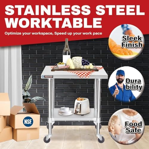 DuraSteel 30x24 NSF Stainless Steel Cart Work Table - Heavy Duty Rolling Food Prep Table - Metal Utility Cart on Wheels Caster, Grill Stand Microwave Outdoor Kitchen Tables Countertop Island Large Top - Image 3