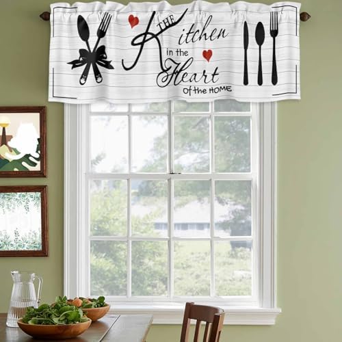 Valances for Windows, Kitchen Tableware Valance Curtains Blackout Drapes for Kitchen/Bathroom/Cafe, Red Love Heart Black Words Vintage Rod Pocket Window Toppers Valances 2 Pack Clearance 54''x18'' - Image 4