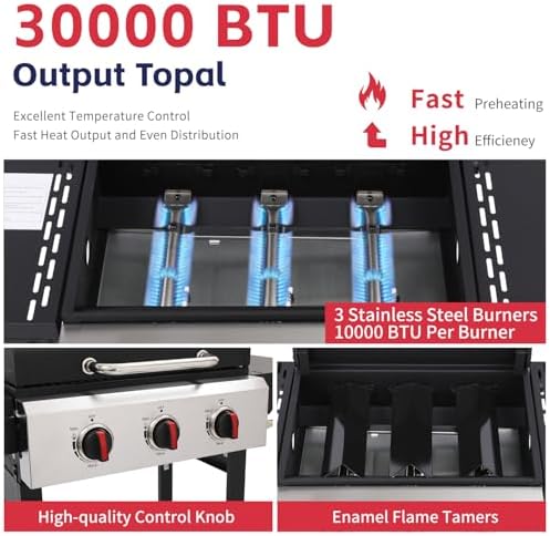3-Burner Propane Gas Grill with Cast Iron Grate, 30,000 BTU Output & 252 Sq. Inch Cooking Space, Easy-Clean System & Foldable Side Tables for Outdoor BBQ (3-Burner) - Image 5