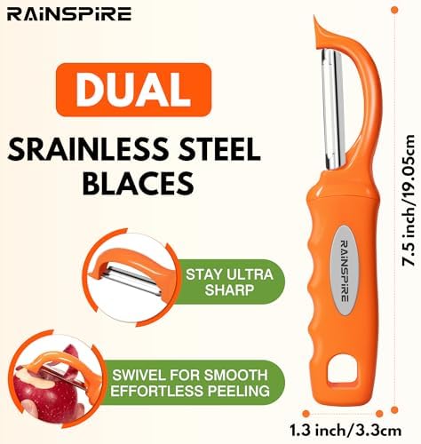 Rainspire Vegetable Peeler Potato Peelers for Kitchen, Sharp Stainless Steel Blades Veggie, Comfortable Handle Fruit Peeler, Carrot Peeler Apple Peeler Dishwasher Safe, Orange, 1-Pack - Image 2