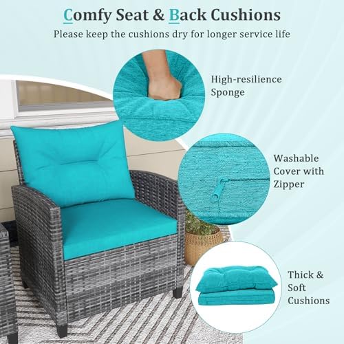KOTEK 3 Piece Patio Furniture Set, Outdoor PE Rattan Conversation Set with Washable Cushions & Tempered Glass Tabletop, Wicker Chairs and Table Set for Porch, Garden, Balcony (Turquoise) - Image 4