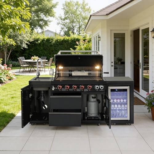 82.5'' Outdoor Kitchen Island, All-In-One 6 Burner Modular Outdoor Kitchen for Backyards, 83500 BTU BBQ Grill with 304 Stainless Steel, Black Outdoor Kitchens with Sink, Refrigerator by Unknown