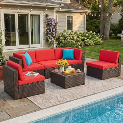 Vongrasig 6 Piece Small Patio Furniture Sets, Outdoor Sectional Sofa, Red - Image 3