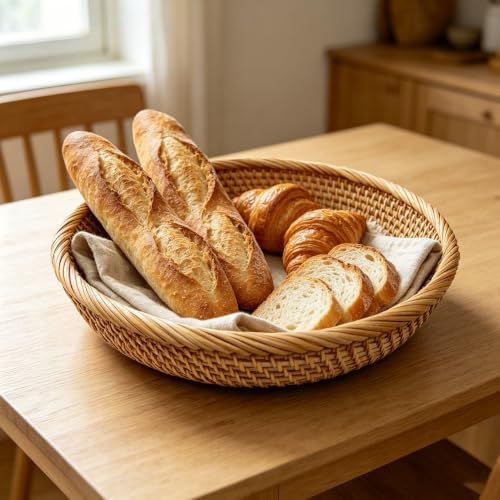 RT&BS Round Rattan Bread Basket, Rattan Fruit Basket, Rattan Decorative Tray, Rattan Keys Tray, Handwoven Storage Baskets for Kitchen, Dining Room, Store, Restaurant, Bathroom (M) - Image 2