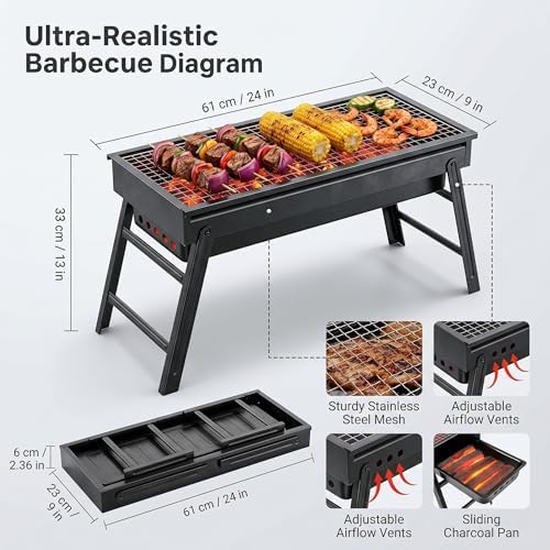 Portable Charcoal Grill, Portable Tabletop BBQ for Outdoor Cooking | Compact Folding Grill for Camping, Hiking, Picnics & Travel | 24”x13”x9” Lightweight Smoky Flavor Grill - Image 2