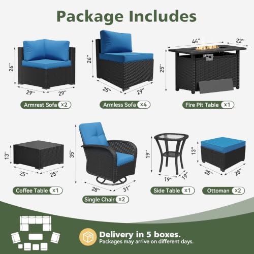 Aoxun 13 Piece Outdoor Patio Furniture Set with 44'' Fire Pit Table, Wicker Rattan Outdoor Furniture with High Back Swivel Rocker Chairs, Outdoor Sofa Set with Thick Cushion & Ottoman, Peacock Blue - Image 2