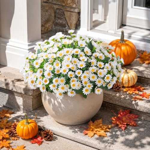 Daisy Artificial Flowers for Outdoors Autumn Fall Decoration, 6 Bundles Fake Mums White Silk Flowers for Outside Look Real UV Resistant Faux Flowers Plants for Planter Front Door Home Indoor Porch Urn - Image 2