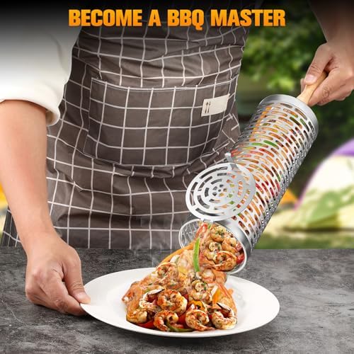 Rolling Grill Baskets,【2025Upgraded】 2Pcs Nesting Grilling Net with Removable Wooden Handle,BBQ Accessories Tools for Vegetables Shrimp,Outdoor Camping Barbecue Rack,Gifts for Men Dad (Stainless Steel,Rectangle) - Image 4