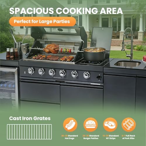 98" Rolling Outdoor Kitchen Island with Built-In 4 Burners 72,000 BTU Stainless Steel Gas Grill Featuring Rotisserie Oven,Granite Countertops,Beverage Fridge,Sink. (Black + Fridge + Sink, Propane Gas) - Image 2