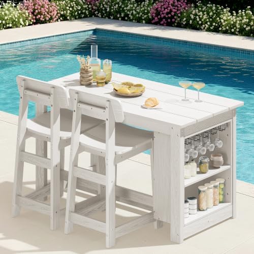 SERWALL 3-Piece Outdoor HDPE Counter-Height Bar Set with Rack, White by SERWALL