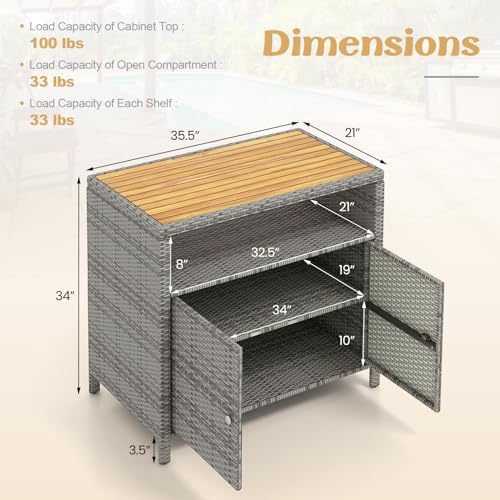 Tangkula Rattan Outdoor Storage Cabinet, Patiojoy Outdoor Cabinet with Acacia Wood Countertop, Open Compartment, 2-Door Wicker Sideboard, Outdoor Bar for Patio Garden Backyard Poolside (Mix Grey) - Image 3