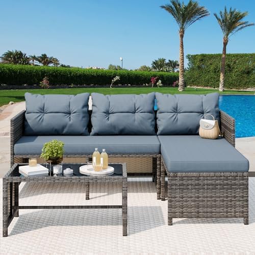 Vongrasig 3 Pieces Patio Furniture Sets, All-Weather Wicker Outdoor Sofa Couch Sectional Set, Small Conversation Set for Patio, Garden w/Cushion, Glass Table, Blue - Image 2