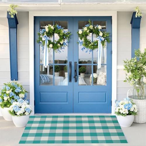 SEEKSEE Buffalo Plaid Outdoor Rug 3' x 5' Light Blue and White Front Door Mat, Layering Rug for Porch, Spring Summer Doormat, Front Porch Rug for Outdoor Entrance Entryway Patio Porch Decor by SEEKSEE