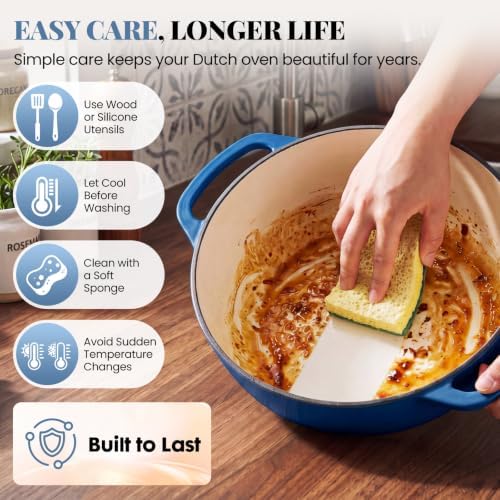 DUMOS Enamel Cast Iron Dutch Oven, 6 Quart Pot with Lid, Gradient Blue - Image 6