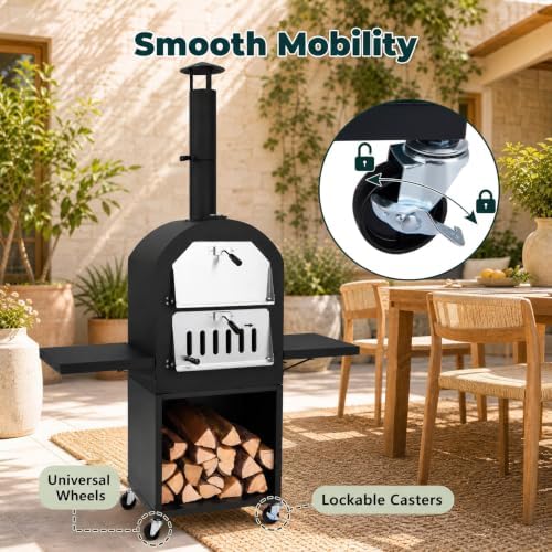 HAPPYGRILL Outdoor Wood Fired Pizza Oven w/Firewood Storage & Side Shelves - Image 5