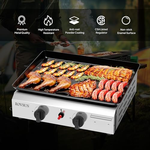 ROVSUN 2 Burner Portable Propane Griddle with Electronic Ignition & Regulator, 20,000 BTU Tabletop Flat Top Gas Grill with Nonstick Enameled Tray for Outdoor Cooking Camping BBQ Tailgating Picnicking - Image 5
