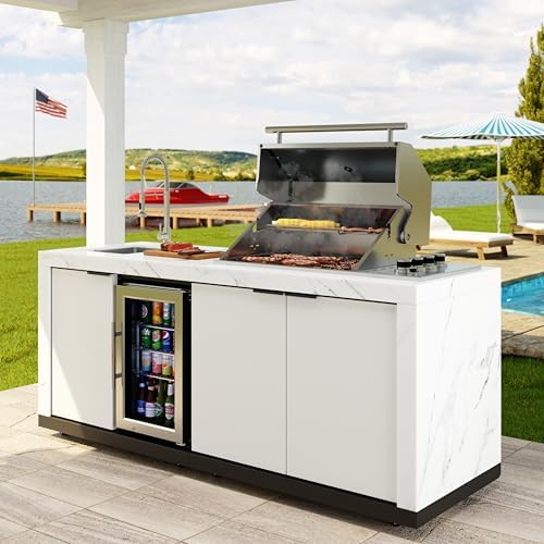 KoolMore Reserve 83 in. Outdoor Kitchen Suite with White Stone Counters and Sides, 4-Burner Grill, Stainless Steel Sink and Faucet - Image 5