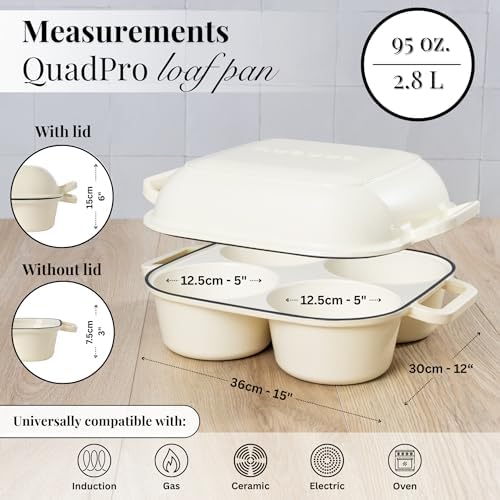 QuadPro Enamelled Cast Iron Bread Loaf Pot – Dutch Oven for Sourdough Bread Baking – 500°F Oven Safe Non Stick Bread Pot – 4 Round Loaf Spaces (4.90-inch Diameter), Cream – by Nuovva - Image 3
