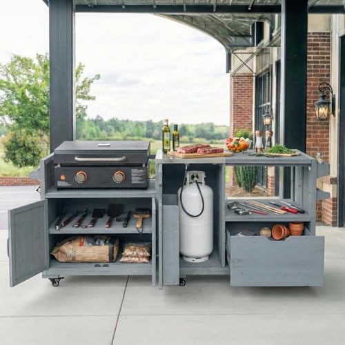 Merax 80.5" Outdoor Kitchen Island for Big Green Egg& Blackstone Griddle,Solid Wood Grill Cart Table with Stainless Steel Top,Drawer for Large Big Green Egg and 21"/28" Blackstone Griddle,Grey Blue - Image 2