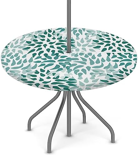 Fitted Round Tablecloth with Umbrella Hole and Zipper Abstract Nature Outdoor Elastic Table Cloth 36"-44" Oil-Proof Waterproof Green Nature Patio Table Cover for Picnic Party - Image 2