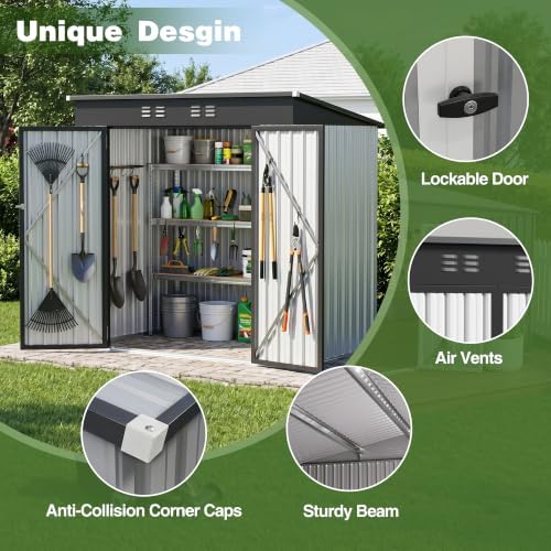 6 x 4 FT Outdoor Storage Shed, Waterproof Metal Garden Tool Shed with Sloped Roof, Magnetic Light, Lockable Door & Air Vents for Backyard Patio Lawn, White - Image 6