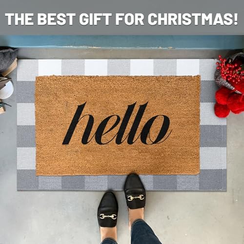 IOHOUZE 2x3 Buffalo Plaid Rug, Washable Outdoor Door Mat, Grey White - Image 3