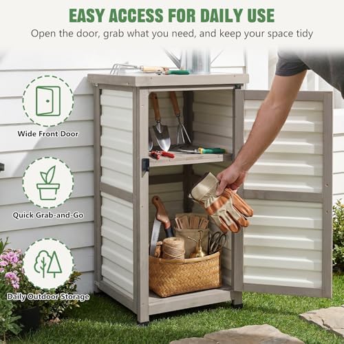 Ketive Outdoor Storage Cabinet, 33.5" H Compact Patio Storage Cabinet with Plastic Door Panels, Wood-Style Frame, 2-Tier Outdoor Organizer for Porch, Balcony, Backyard, Garden Supplies, Gray & White - Image 4