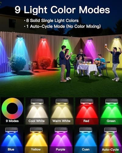 Solar Fence Lights Outdoor, 12 Pack IP65 Waterproof Fence Lights Solar Powered with Ultra-Bright LED Lens, 9 Color Modes, 12+ Hours Steady Glow for Deck/Backyard/Patio/Pool/Wall - Black - Image 5