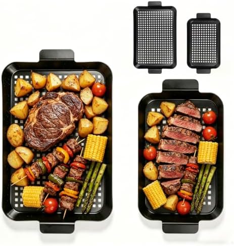 Outdoor Grill Pans: Enamel Non‑Stick Grill topper - Grill Tray with hole, Grilling Baskets Outdoor Set for Vegetable, Meat (dark black) by gzcmxh
