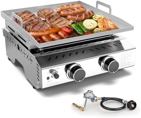 WAA Portable Propane Griddle, 16000BTU Tabletop Portable Propane Gas Grill with 2 Burners, Stainless Steel Flat Top Grill, Outdoor Cooking for Tailgating,Camping, RVs, BBQ, Patio, Silver by waasmallappliancekingdom