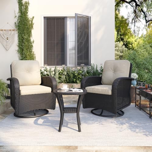 Aoxun 3 Pieces Patio Furniture Set, Patio Swivel Rocker Chairs Set of 2, Wicker Outdoor Bistro Set with Rocking Chair, Thickened Cushions and Table for Porch (Beige) - Image 2