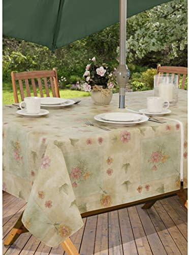 Peony Patch Flannel Backed Indoor Outdoor Vinyl Table Linens, 60-Inch by 84-Inch Oblong (Rectangle) with Umbrella Hole and Zipper, Sage - Image 2