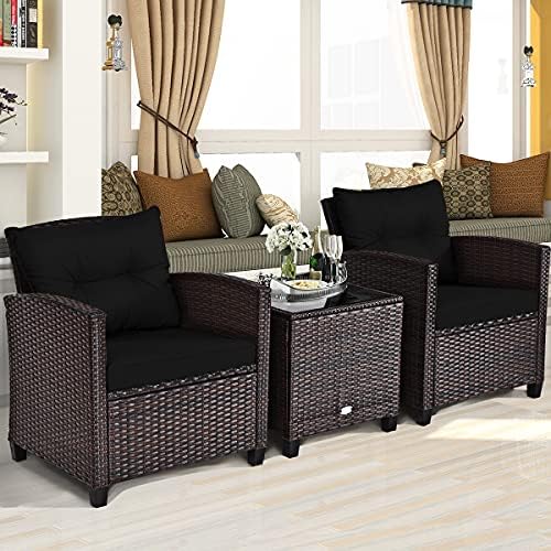 Tangkula 3 Pieces Patio Furniture Set, PE Rattan Wicker 3 Pcs Outdoor Sofa Set w/Washable Cushion and Tempered Glass Tabletop, Conversation Furniture for Garden Poolside Balcony (Black) - Image 3