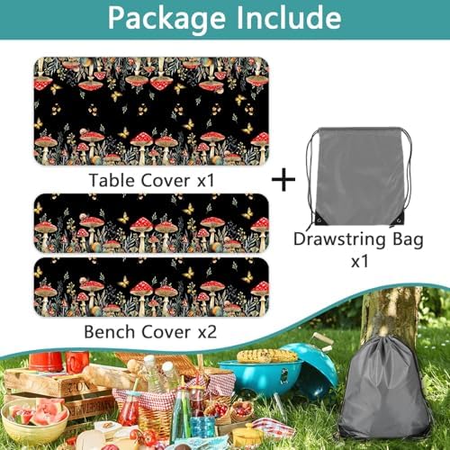Mushroom Picnic Table Cover with Bench Covers, Camping Essentials, Waterproof Windproof Camping Tablecloth, Fitted Tablecloth Cover with Elastic Edge, for Indoor & Outdoor, Garden, 3 PCS, 30x72 Inch - Image 7
