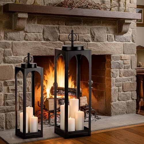 24" 19" Large Decorative Lanterns, 2 Pcs Black Floor Lanterns with Candles - Image 7
